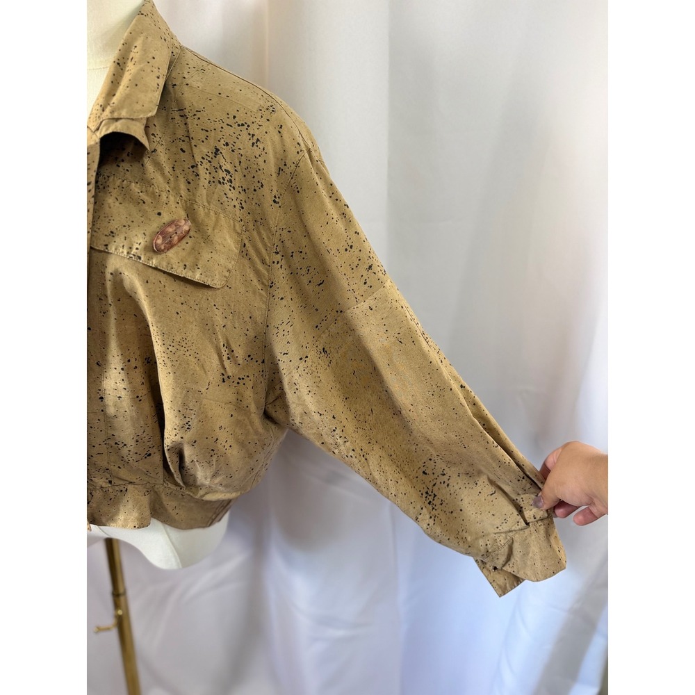 Vera Cristina Vintage 100 Silk Splatter Print Cropped Bomber Jacket Tan Large - Picture 3 of 11